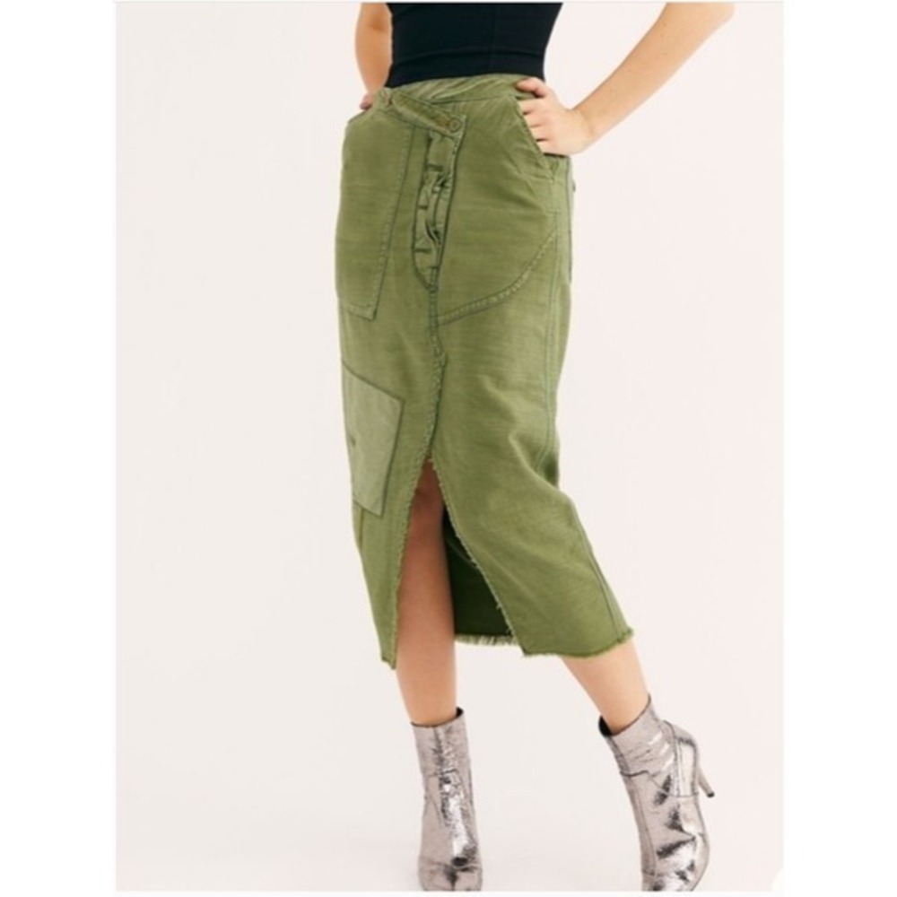 Free People‎ Echo Midi Skirt Womens 4 Army Green Cargo Utility Patchwork Frayed